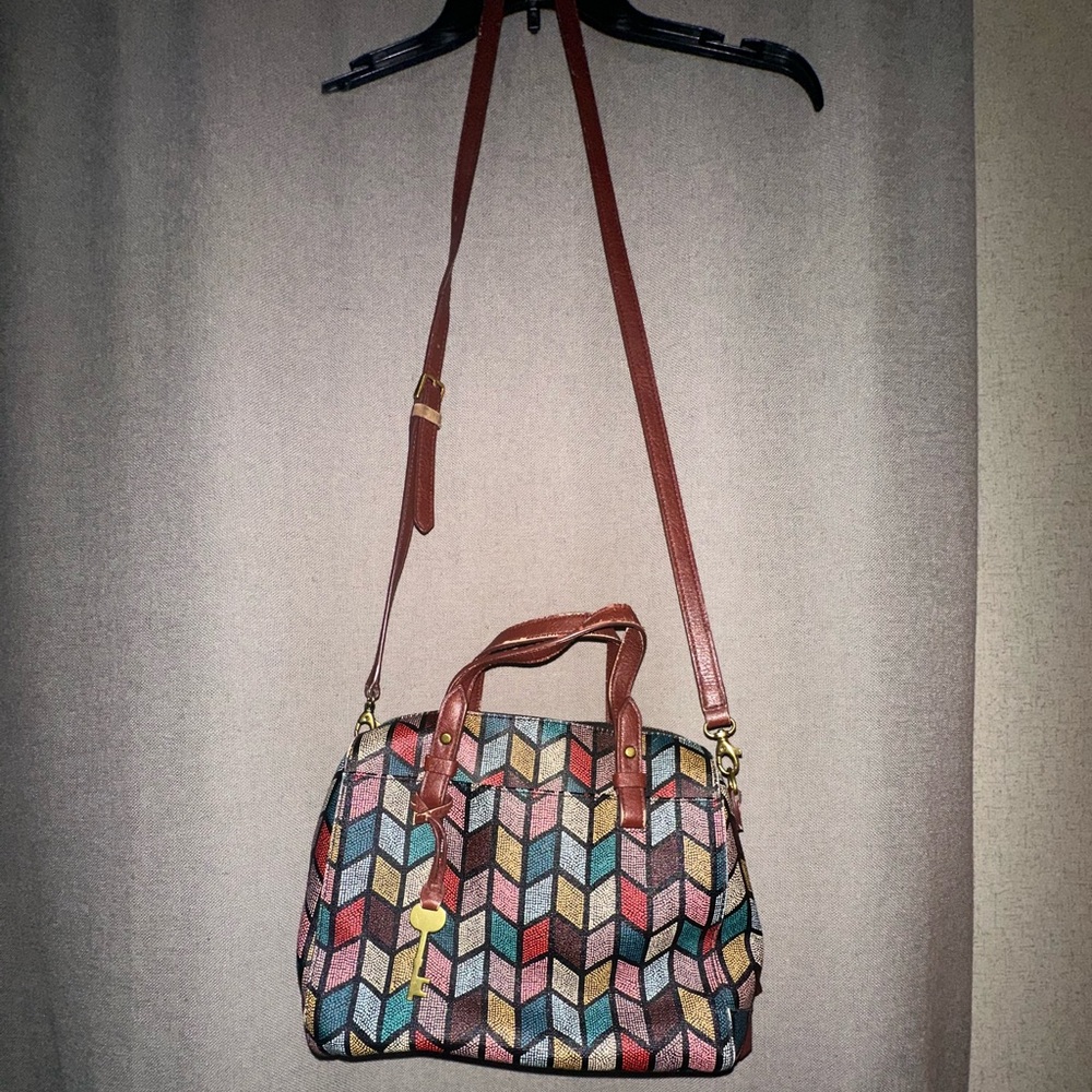 Fossil Rachel Satchel multi geometric print with brown leather straps